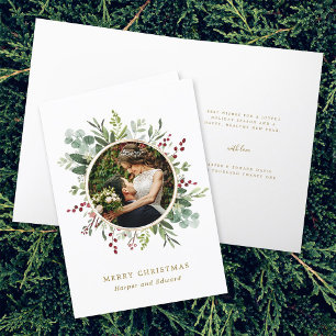 Botanical Greenery Gold Merry Christmas Photo Holiday Card