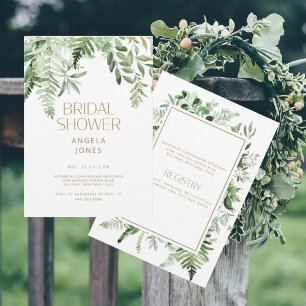 Botanical Greenery Gold Text White Bridal Shower  Invitation