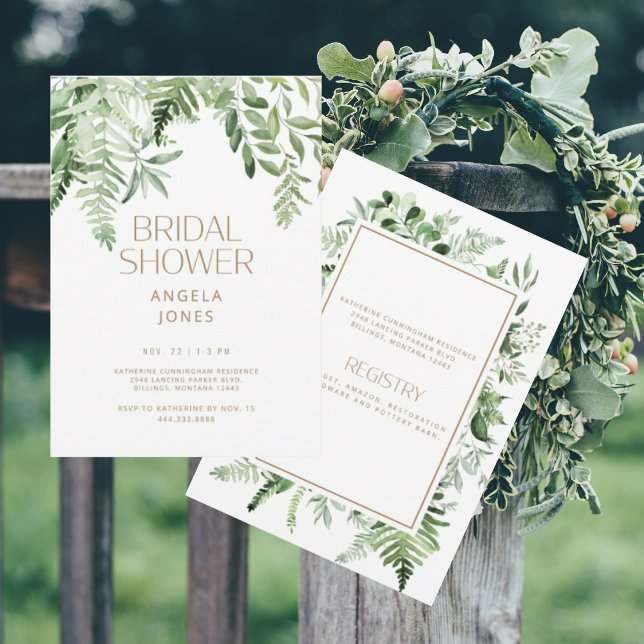 Botanical Greenery Gold Text White Bridal Shower  Invitation (Creator Uploaded)