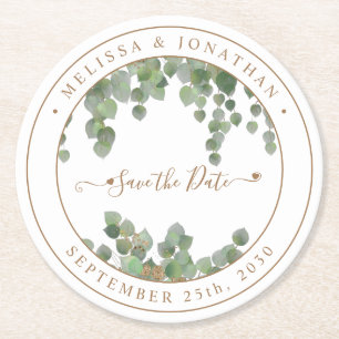 Botanical Greenery Gold Wedding Save The Date Round Paper Coaster