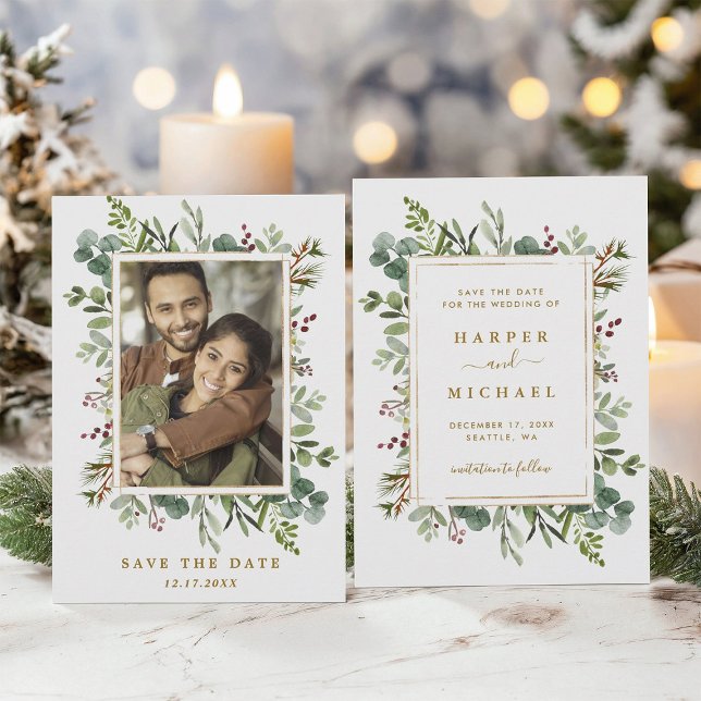 Botanical Greenery Gold Winter Wedding Photo Save The Date (Front & Back)