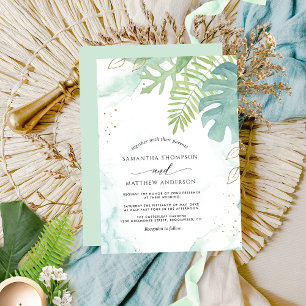 Botanical Greenery, Green Blue Watercolor Wedding Invitation