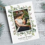 Botanical Greenery Green Married and Merry Photo Holiday Card<br><div class="desc">This Christmas | Holiday photo card features painted watercolor eucalyptus,  green leaves,  red berries,  pine branches,  and a green rectangle frame with a simple script. For more advanced customisation of this design,  please click the "Customise further" link. Matching items are also available.</div>