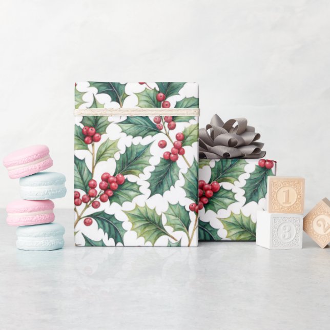 Botanical Greenery Holly and Cherries Holiday  Wrapping Paper (Baby Shower)