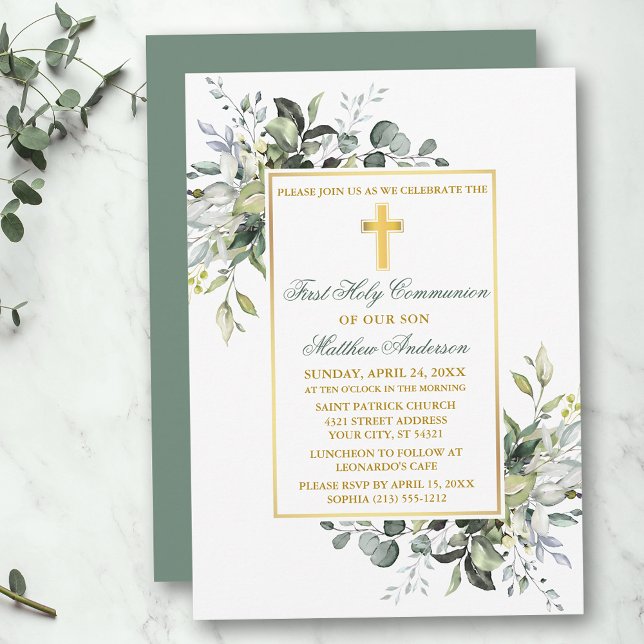 Botanical Greenery Holy Communion Sage Green Gold Invitation (Customize to change text color,  size, style or to change color of back of card.)