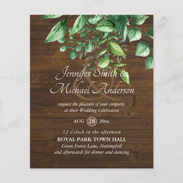 Botanical Greenery Leafy Wedding Invitation Budget (Front)