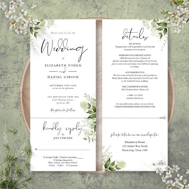 Botanical Greenery Leaves All In One Wedding Invitation (Botanical Greenery Leaves All In One Wedding Invitation)