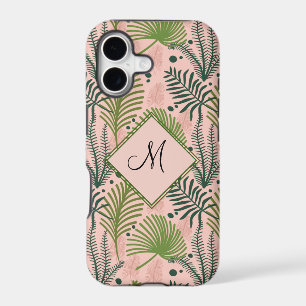 Botanical Greenery Leaves and Monogram Pink