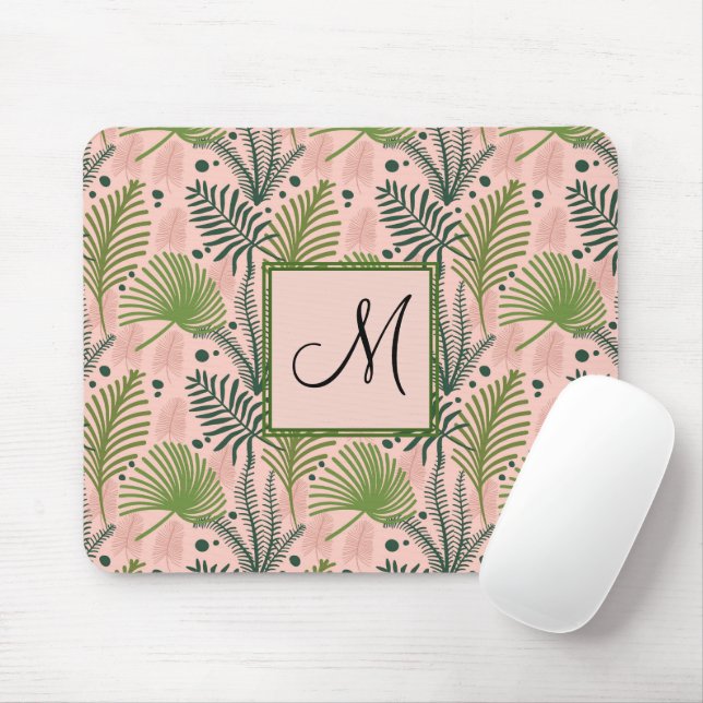Botanical Greenery Leaves and Monogram Pink Mouse Pad (With Mouse)