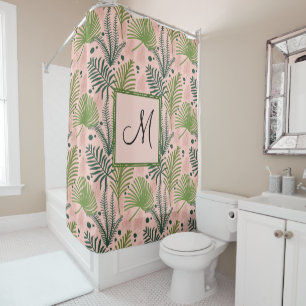 Botanical Greenery Leaves and Monogram Pink Shower Curtain