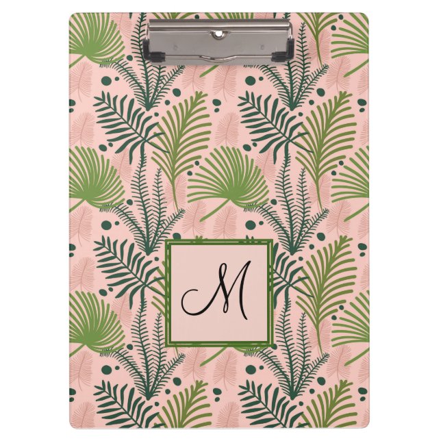 Botanical Greenery Leaves Monogram Pink Coral Clipboard (Front)
