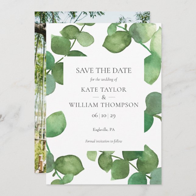 Botanical Greenery Leaves Photo Save the Date (Front/Back)