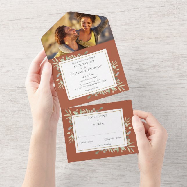 Botanical Greenery Leaves Terracotta Photo Wedding All In One Invitation (Tearaway)