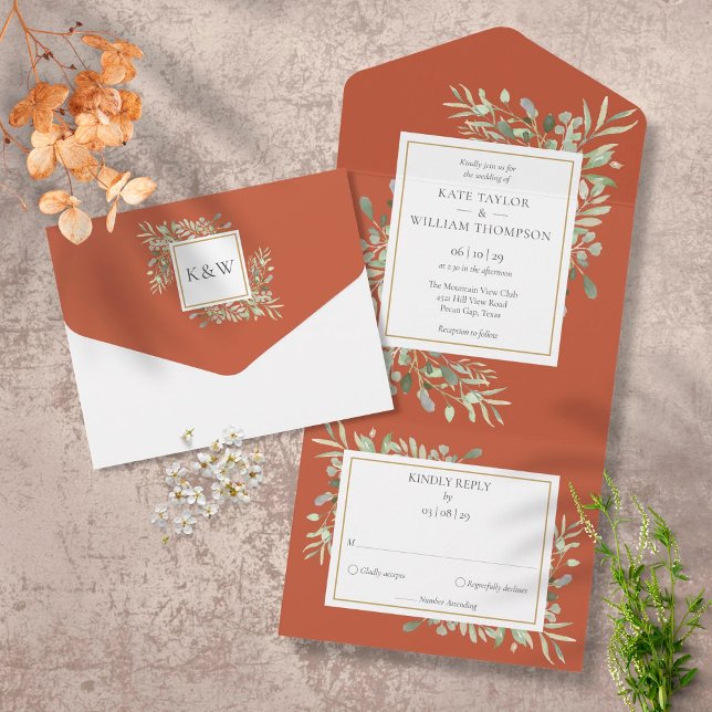 Botanical Greenery Leaves Terracotta Wedding All In One Invitation (Creator Uploaded)