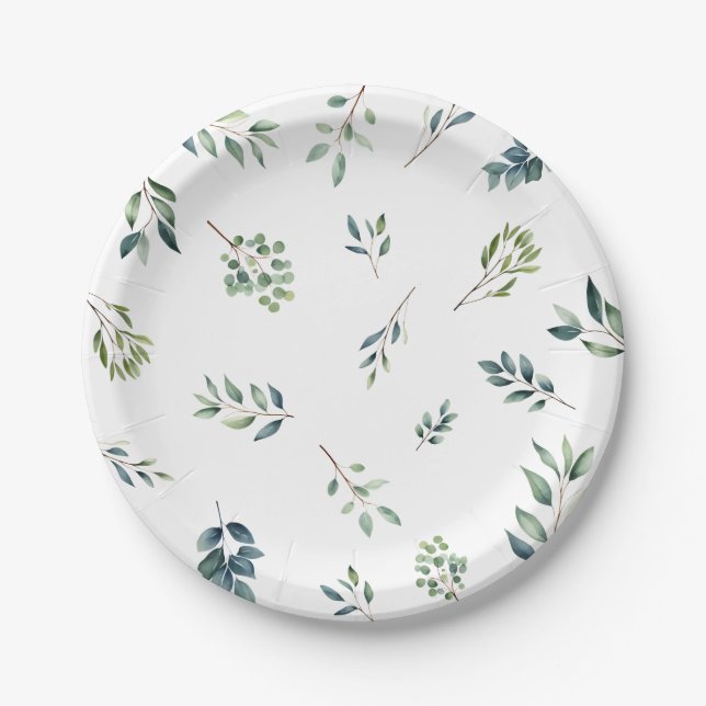 Botanical greenery leaves watercolor Bridal Shower Paper Plate (Front)