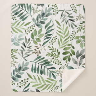 Botanical Greenery Leaves Watercolor Sherpa Blanket