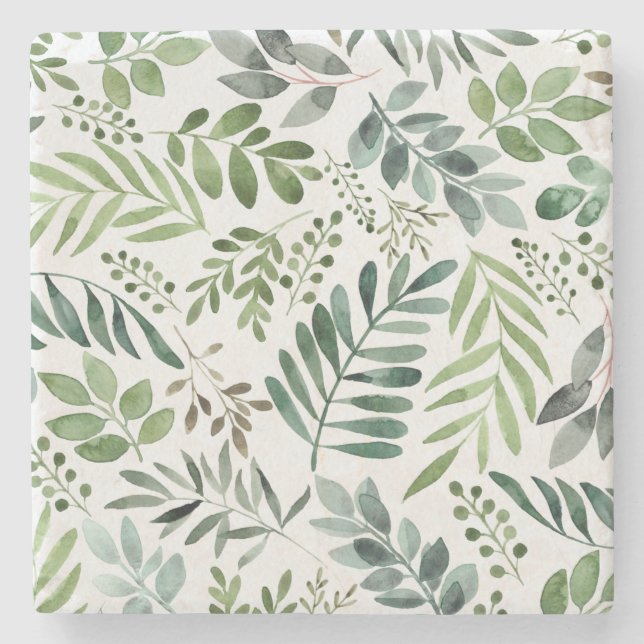 Botanical Greenery Leaves Watercolor  Stone Coaster (Front)