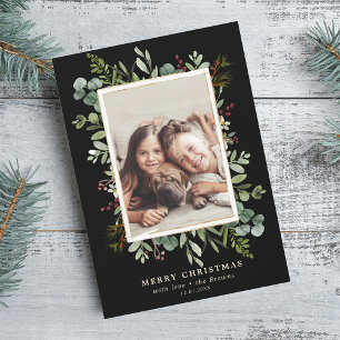 Botanical Greenery Merry Christmas Photo Black Holiday Card