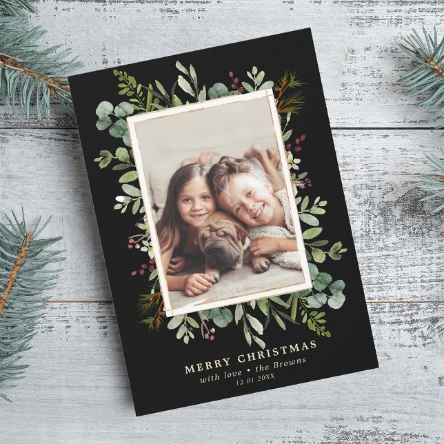 Botanical Greenery Merry Christmas Photo Black Holiday Card (Creator Uploaded)