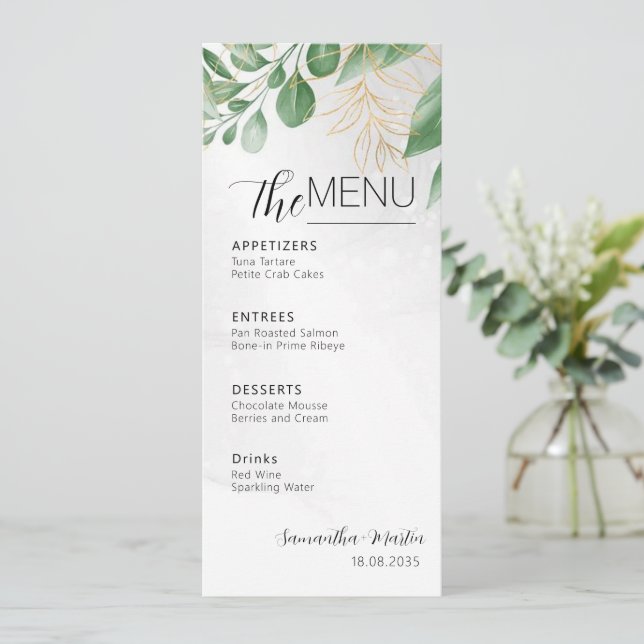 Botanical Greenery Minimal Script Wedding Menu (Standing Front)