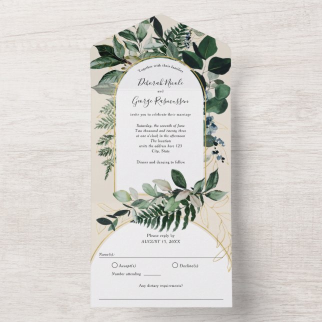 Botanical Greenery Modern Boho Arch Beige Ivory  All In One Invitation (Inside)