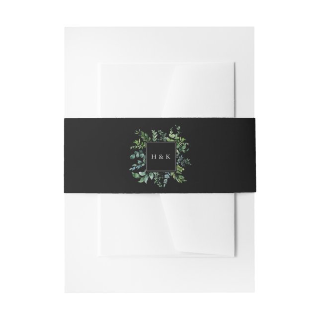 Botanical Greenery Monogram Black Wedding Invitation Belly Band (Front Example)