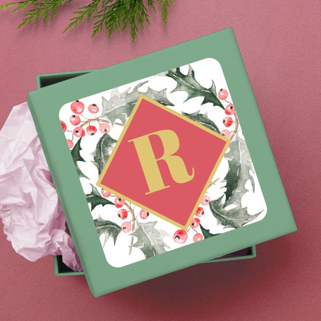 Botanical Greenery Monogram Christmas Square Sticker (Creator Uploaded)