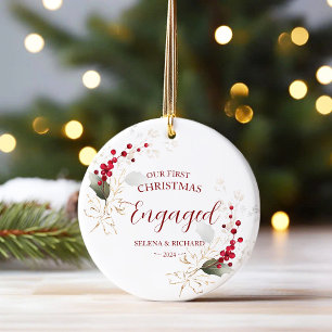 Botanical Greenery Our First Christmas Engaged Ceramic Ornament