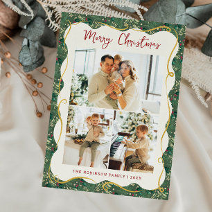 Botanical Greenery Pattern Merry Christmas 3 Photo Holiday Card
