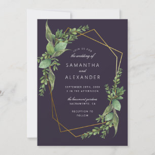Botanical Greenery Purple & Gold Geometric Wedding Invitation