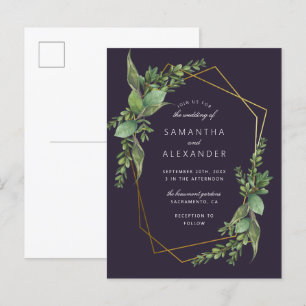 Botanical Greenery Purple & Gold Geometric Wedding Invitation Postcard
