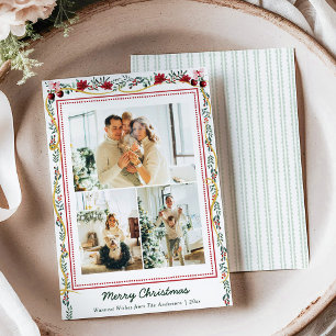Botanical Greenery Ribbon Merry Christmas 3 Photo Holiday Card