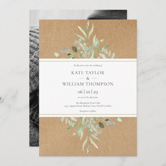 Botanical Greenery Rustic Kraft Photo Wedding Invitation (Front/Back)