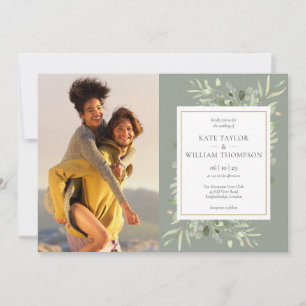 Botanical Greenery Sage Green Gold Photos Wedding Invitation
