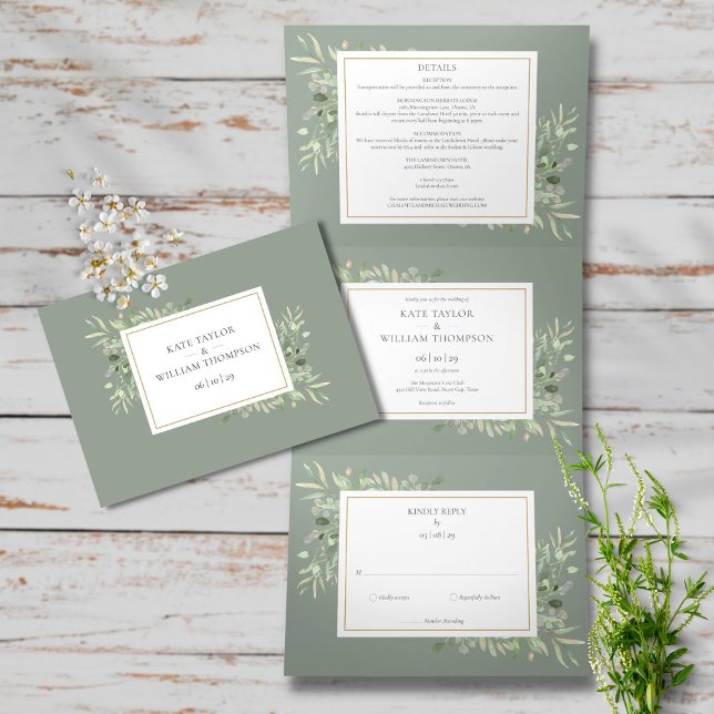 Botanical Greenery Sage Green Photo Wedding Tri-Fold Invitation (Creator Uploaded)