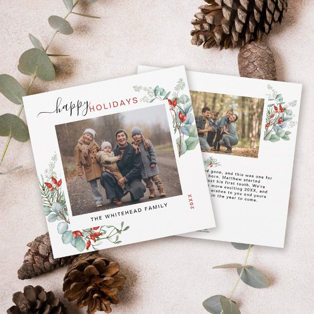 Botanical Greenery Watercolor Elegant Holiday Card (You will love these beautiful Christmas cards! They feature botanical watercolor pine and berries.)