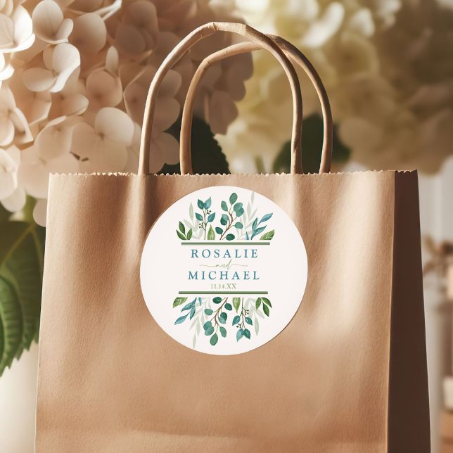 Botanical Greenery Wedding Classic Round Sticker (Botanical Greenery Custom Wedding Round or Square Sticker)