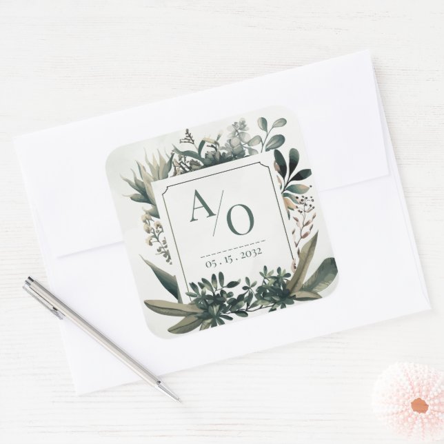 Botanical Greenery Wedding Monogram  Square Sticker (Envelope)
