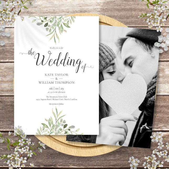 Botanical Greenery Wedding Photo Script Invitation (Botanical Greenery Wedding Photo Script Invitation)