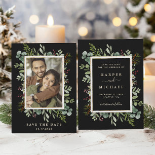 Botanical Greenery Winter Wedding Photo Black Save The Date