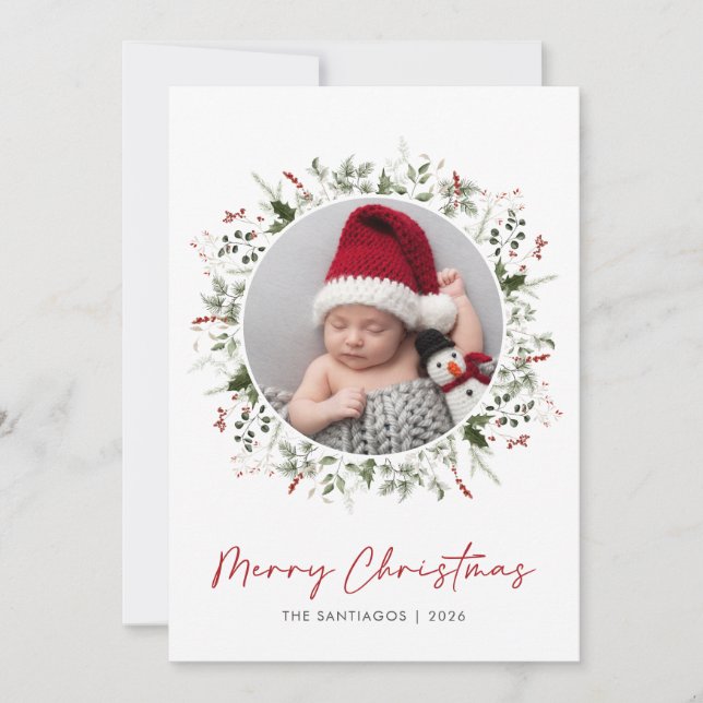 Botanical Greenery Wreath Christmas Photo Holiday Card (Front)