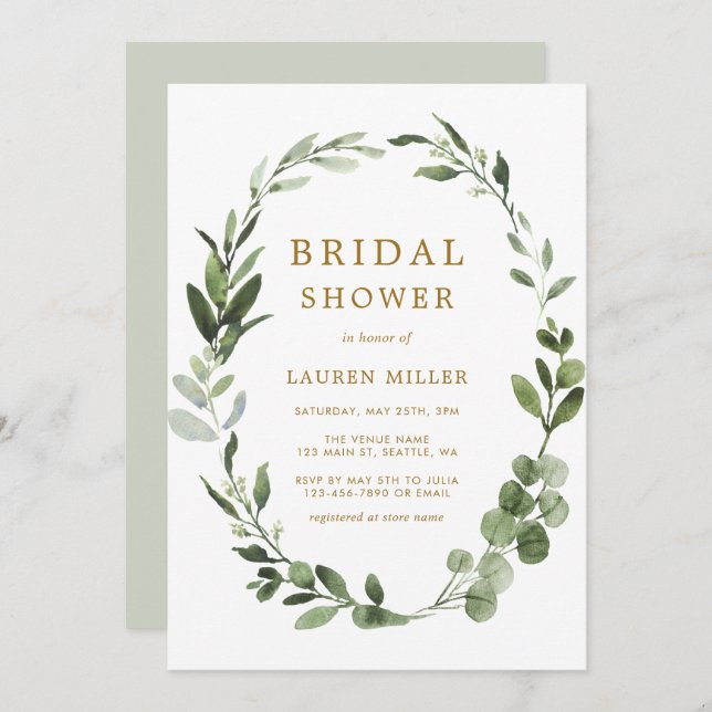 Botanical Greenery Wreath Gold Bridal Shower Invitation (Front/Back)
