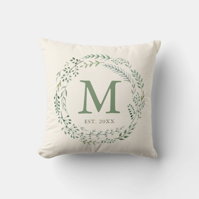 Botanical Greenery Wreath Monogram Established Cushion (Front)