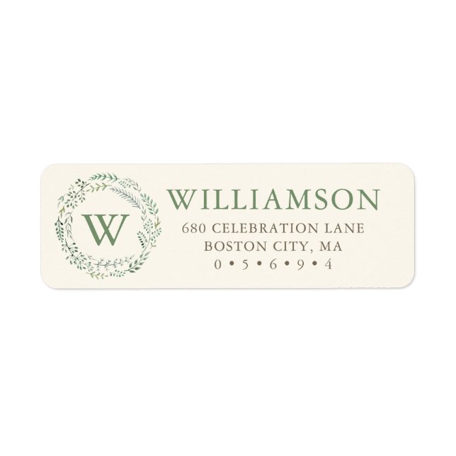 Botanical Greenery Wreath Monogram Return Address Label (Front)
