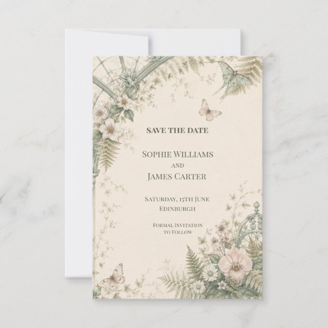 Botanical Greenhouse Butterfly Wedding Save the Date (Front)