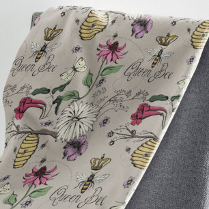 Botanical Greige Floral Queen Bee Pattern Sherpa Blanket
