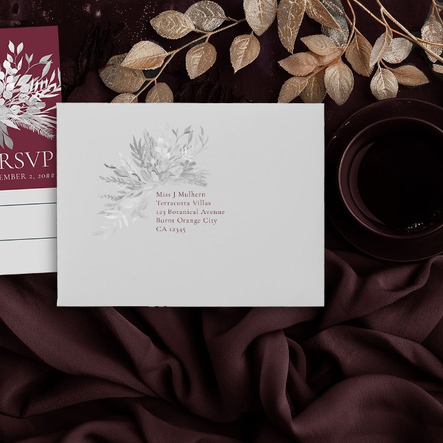 Botanical Grey Burgundy Pre-Addressed RSVP Envelope (Wedding RSVP Envelope in Burgundy and Grey from the Foliage Duet Collection by Darling & May)
