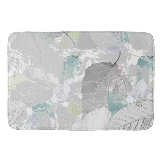 Botanical ,grey, leaves ,white and grey, turquoise bath mat (Front)
