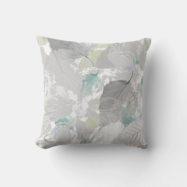 Botanical ,grey, leaves ,white and grey, turquoise cushion (Front)