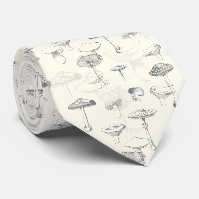 Botanical Grey White Forest Mushroom Pattern Tie (Rolled)